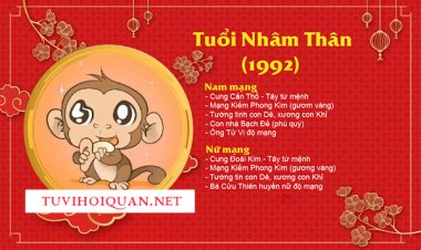 Tử Vi Tuổi Nhâm Thân 1992: Mệnh Gì, Màu Sắc Gì, Hướng Nào và Cung Gì và hợp tuổi nào?